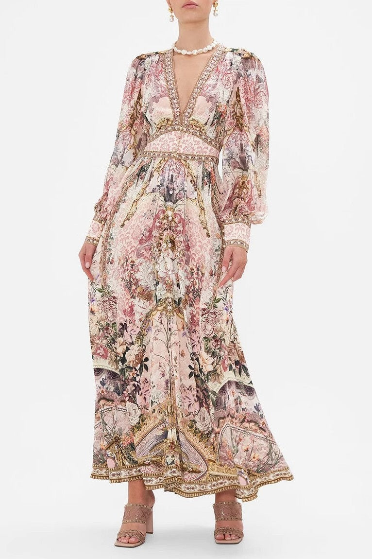 Vintage Heritage Print High-Waisted Resort Full-Sweep Maxi Dress