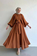 Lantern Sleeve Tunic & Full-Sweep Maxi Skirt Elegant Set-Orange