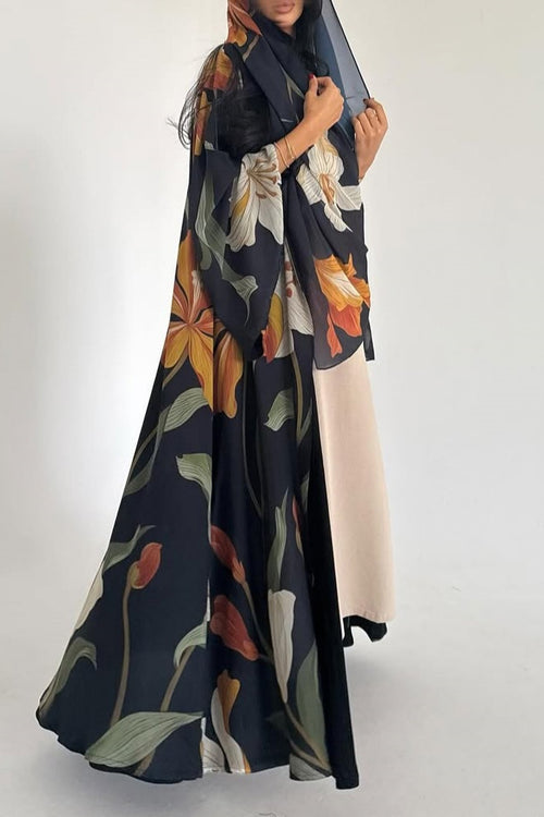 Bold Floral Print Open Abaya & Matching Hijab Set