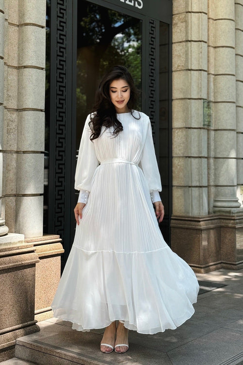 Elegance Pleated Chiffon Full-Sweep Maxi Dress-White