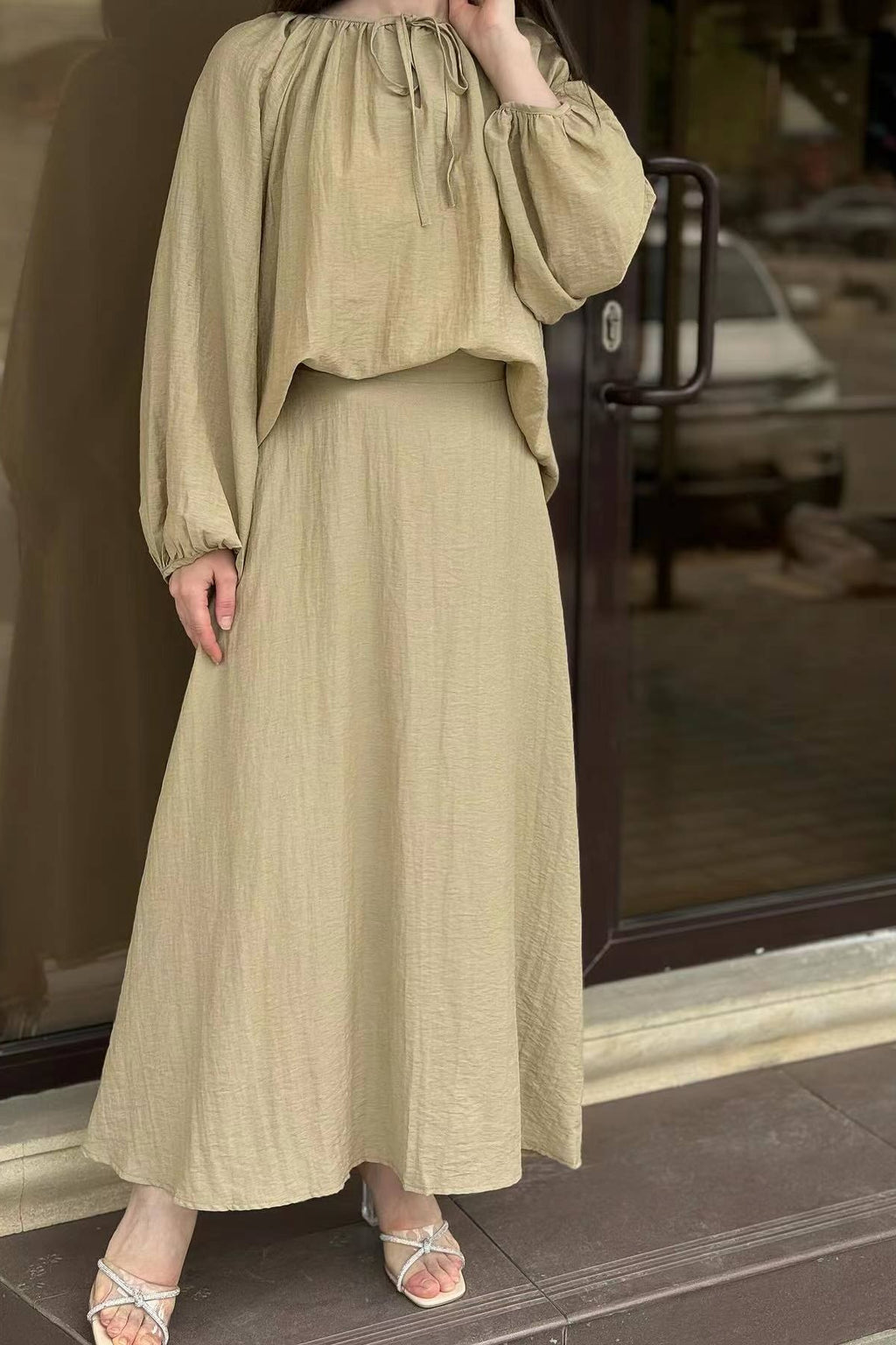 Elegant Two-Piece Crinkle Crepe Modest Set-Green