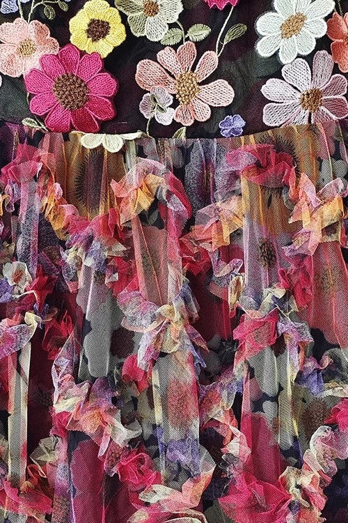 Embroidered Floral Mesh Maxi Dress with 3D Textured Blossoms