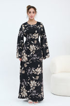 Bell Sleeve Floral Maxi Dress-Black