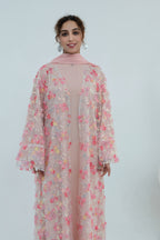 Hand-Beaded Floral Open Abaya Three-Piece Set with Matching Inner Dress & Hijab-Pink