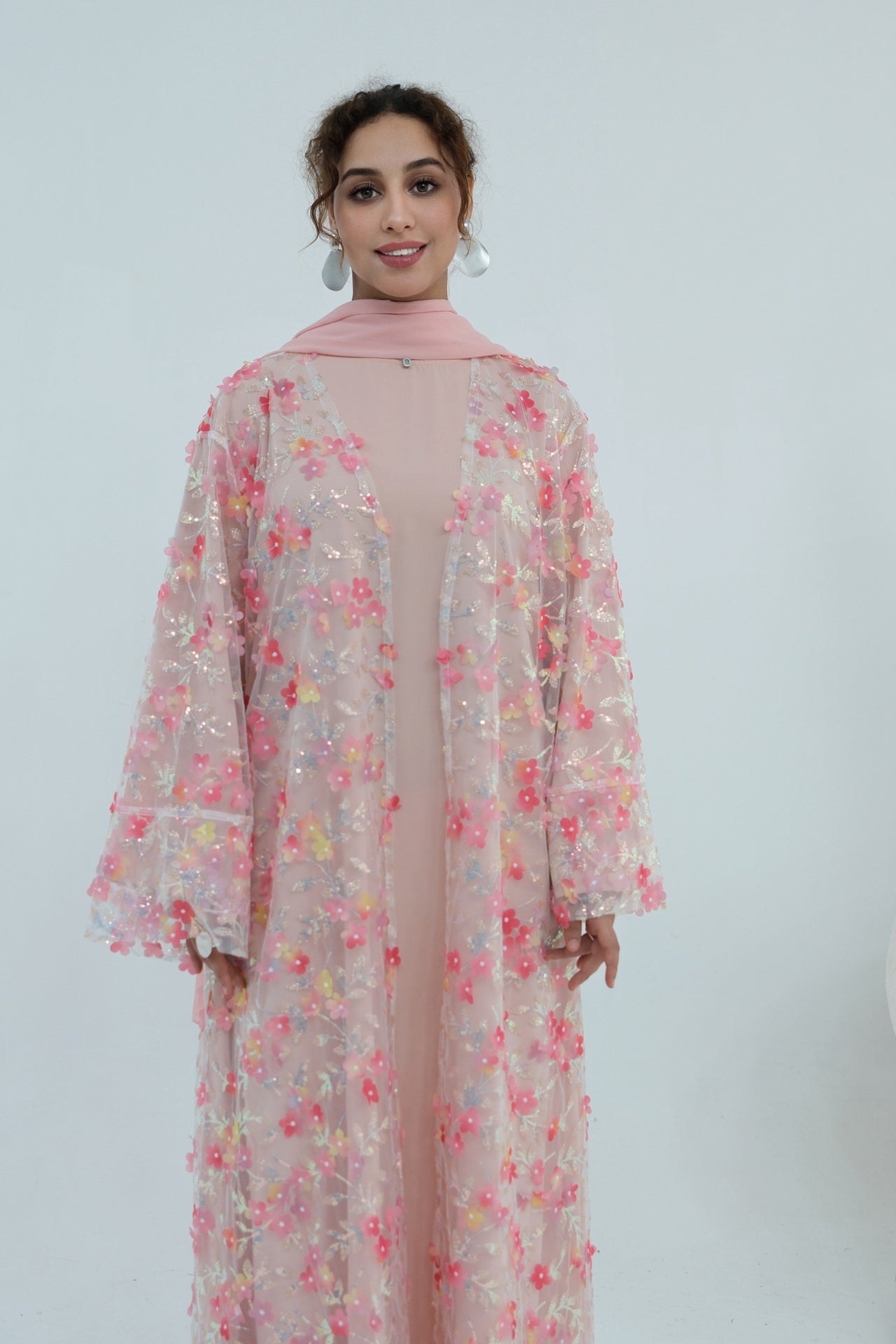 Hand-Beaded Floral Open Abaya Three-Piece Set with Matching Inner Dress & Hijab-Pink