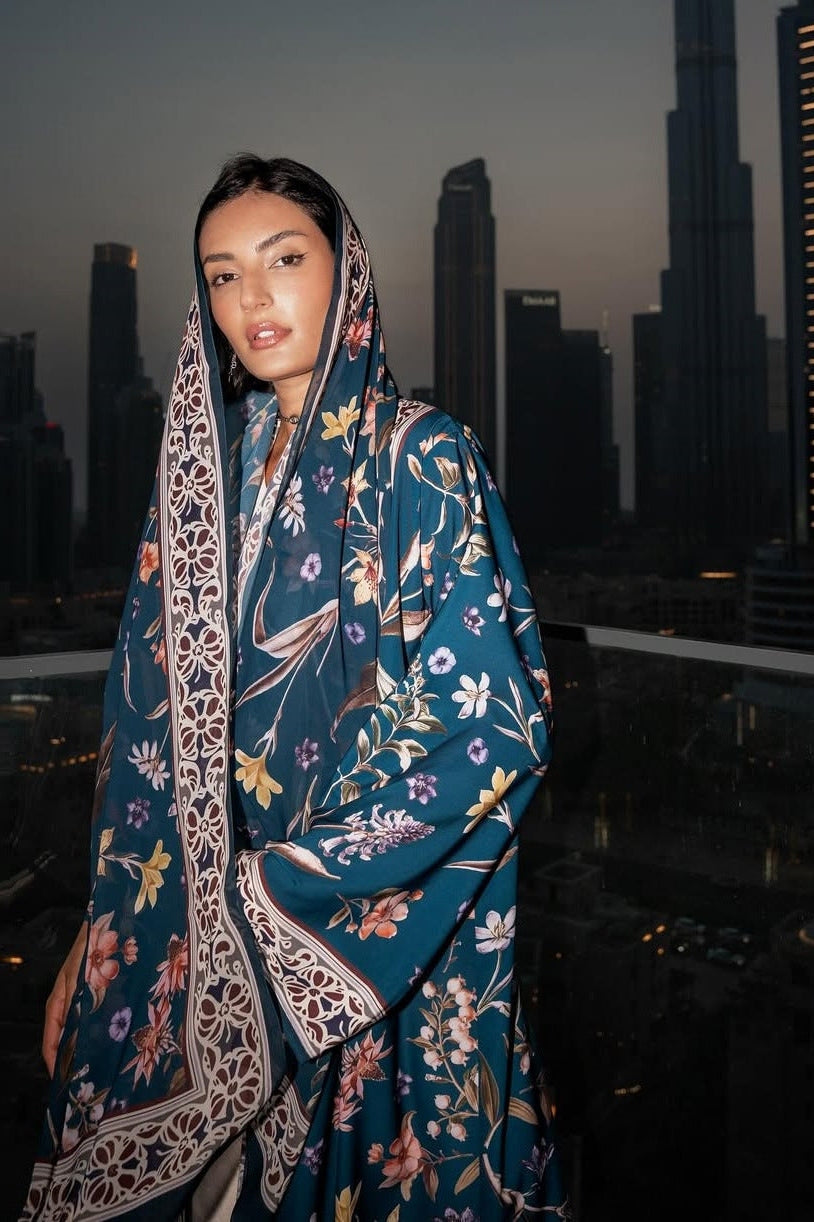 Artisanal Printed Abaya Set with Hijab-Blue