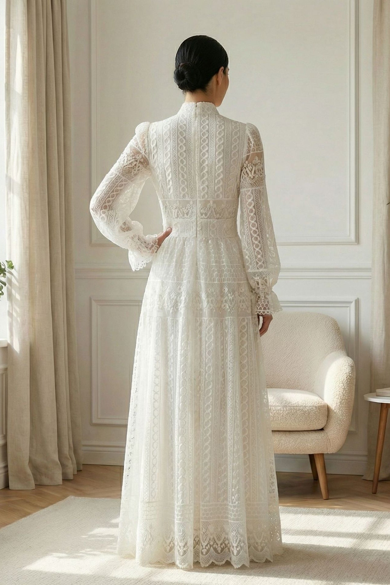 Double-Layer Lace Embroidered Maxi Dress-White