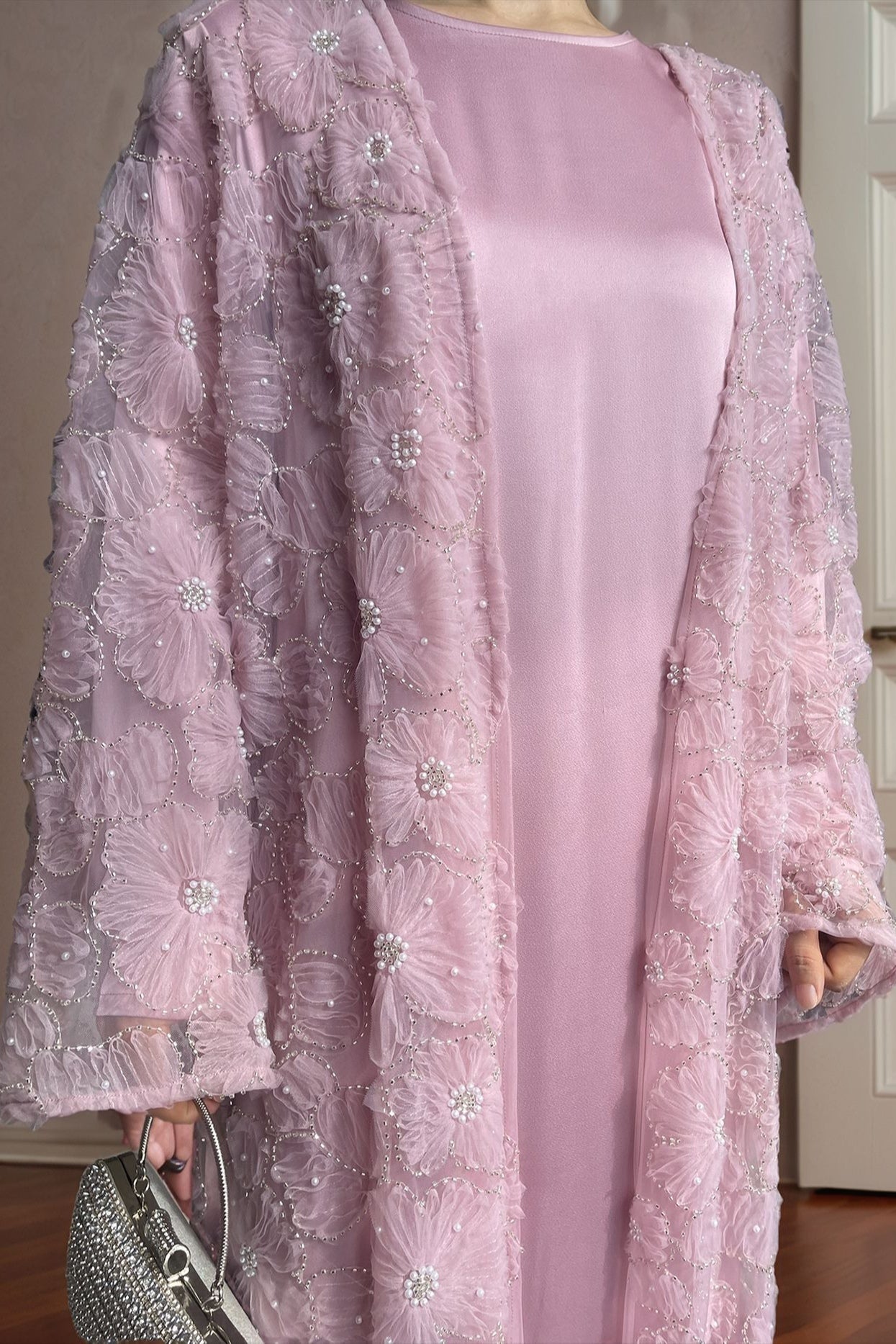 Hand-Beaded Floral Mesh Abaya Two-Piece Set-RoseRed