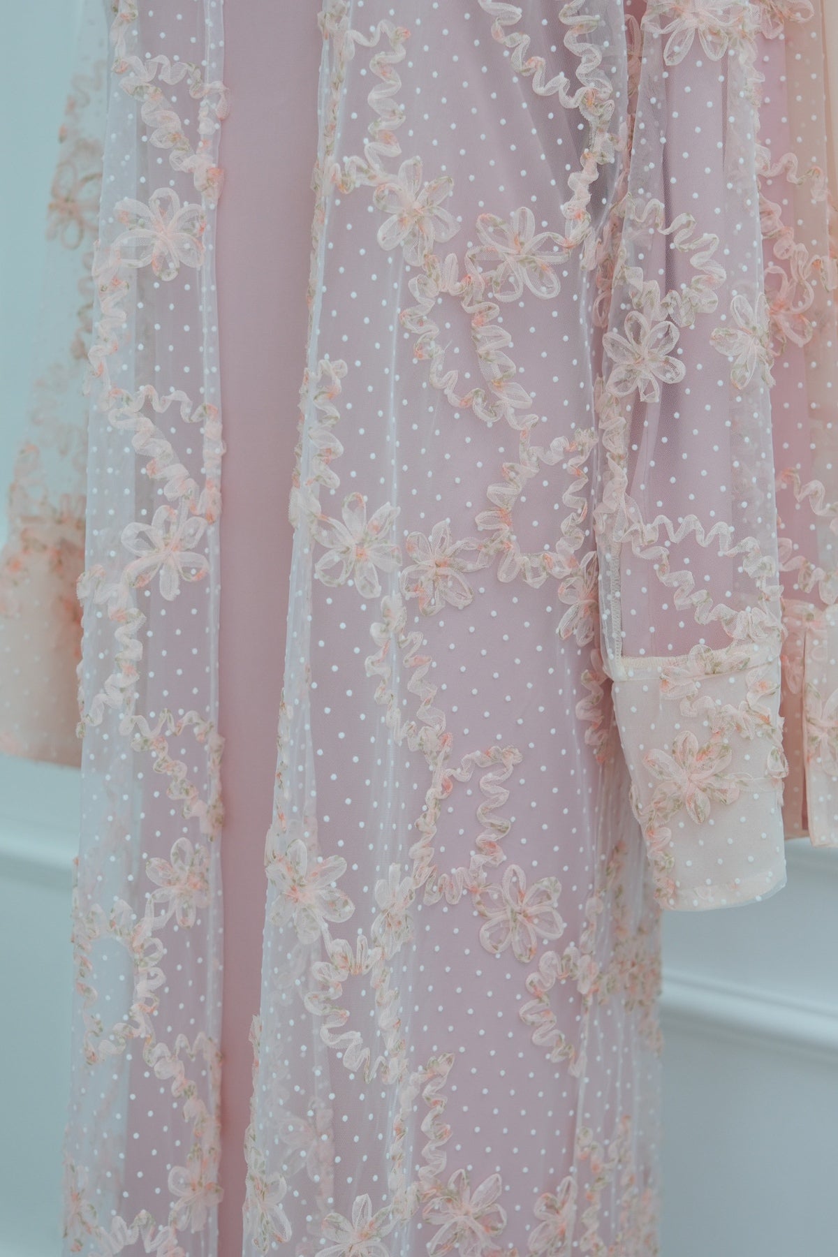 Floral Bloom Sheer Mesh Open Abaya-Pink