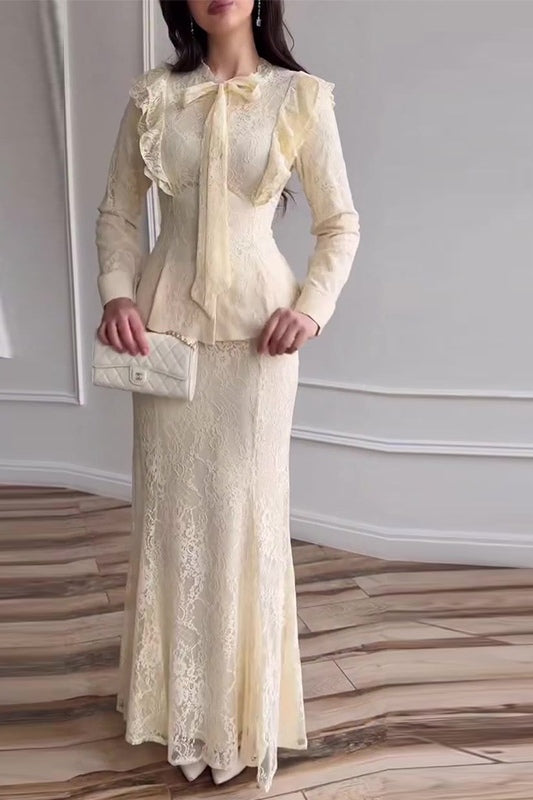 Lace Ruffle Peplum Mermaid Skirt Set-Yellow