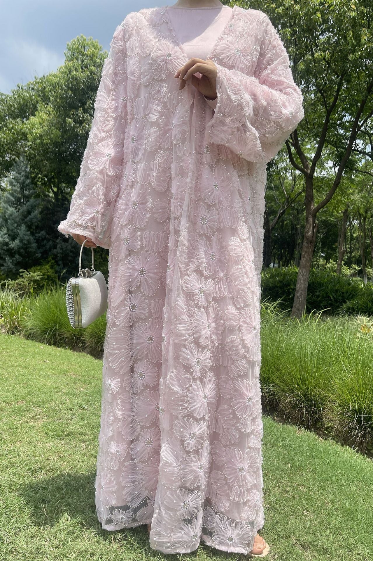 Hand-Beaded Floral Mesh Abaya Two-Piece Set-Pink