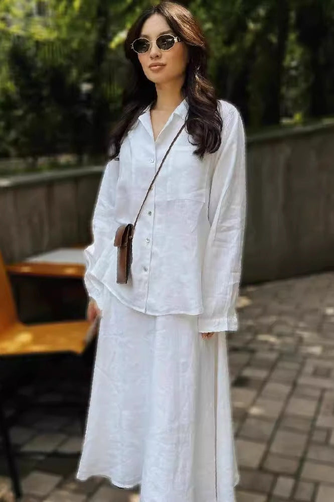 Solid Linen-Cotton Relaxed Long Sleeve Shirt & Full-Sweep Skirt Set
