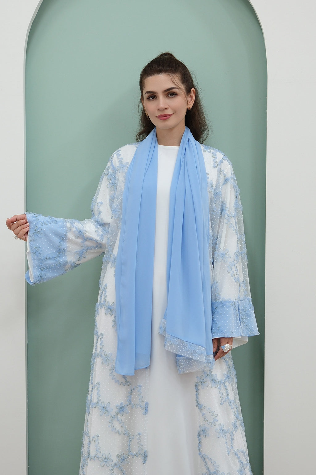 Floral Bloom Sheer Mesh Open Abaya-Blue