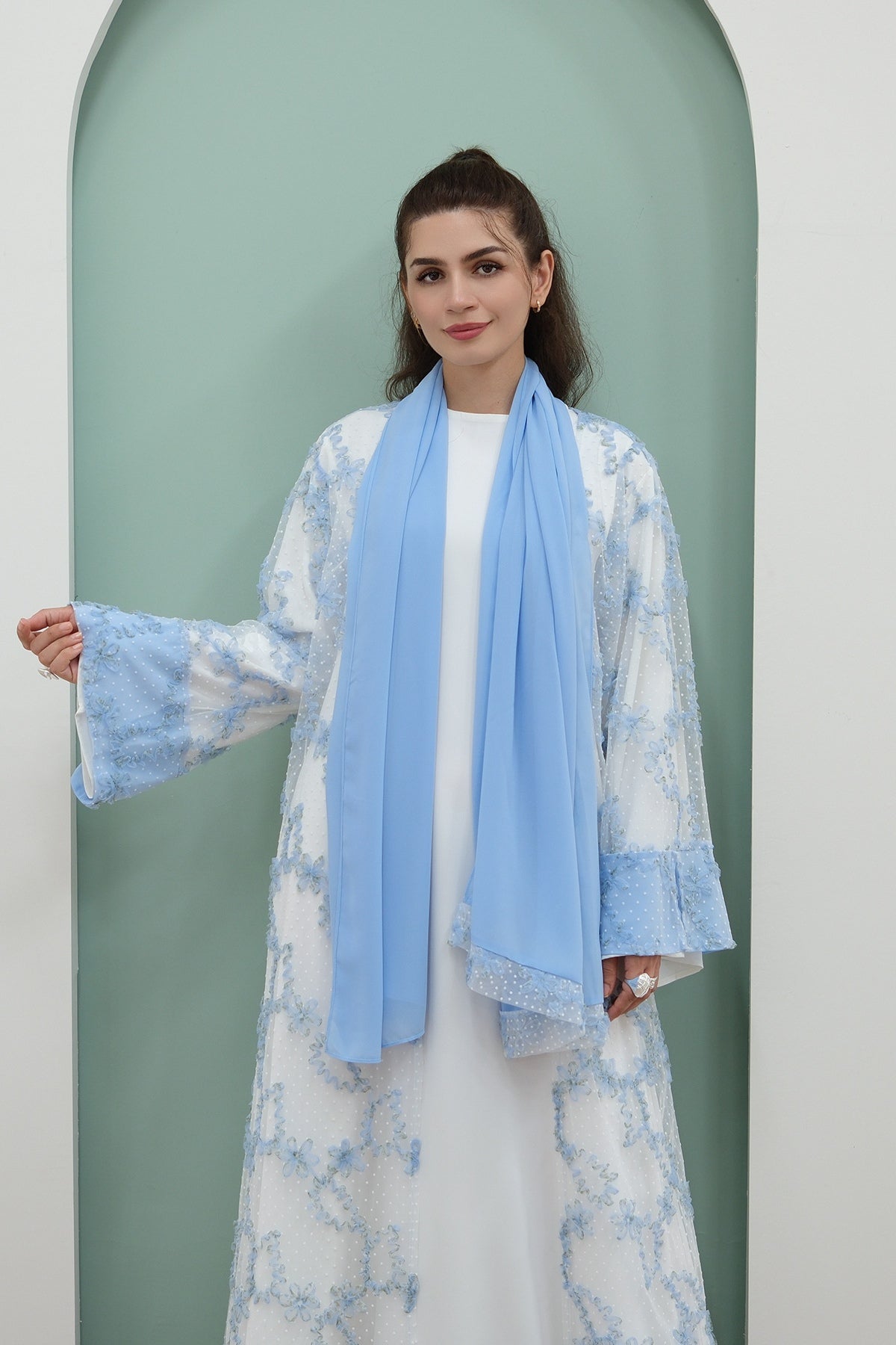 Floral Bloom Sheer Mesh Open Abaya-Blue