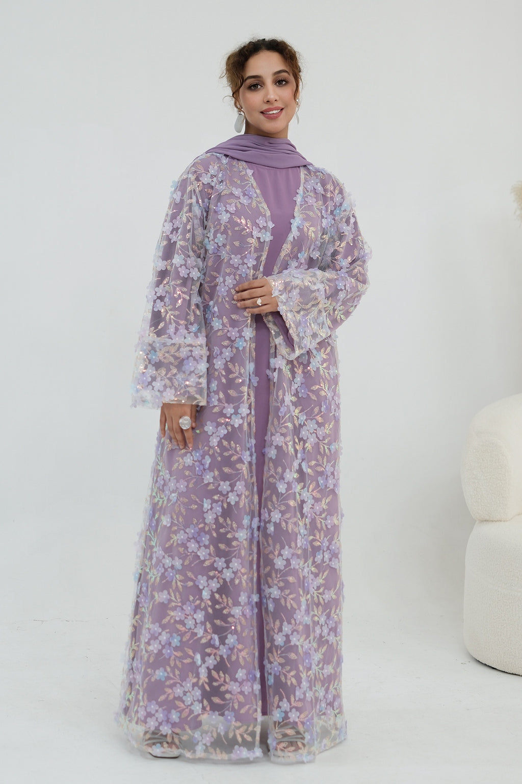 Hand-Beaded Floral Open Abaya Three-Piece Set with Matching Inner Dress & Hijab-Purple