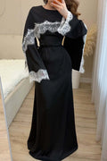 Lace-Trimmed Cape Overlay Modest Maxi Dress-Black