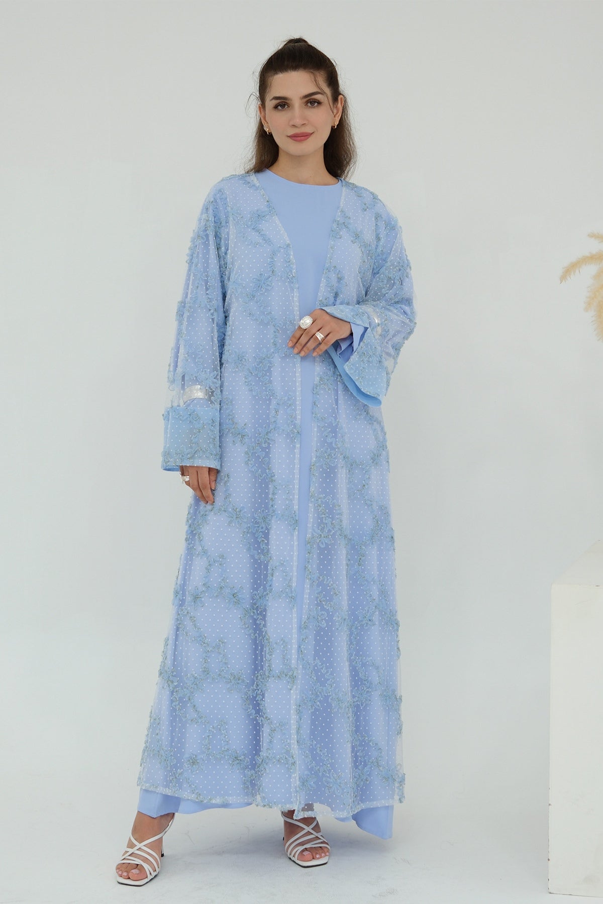 Floral Bloom Sheer Mesh Open Abaya-Blue
