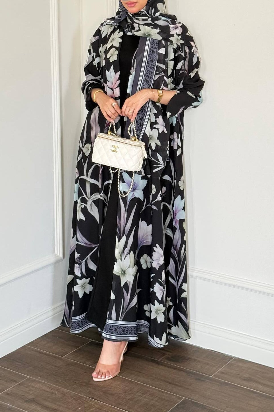 Dark Floral Print Abaya & Matching Hijab Set