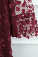 Hand-Beaded Floral Open Abaya Three-Piece Set with Matching Inner Dress & Hijab-Wine
