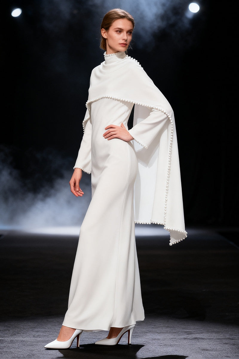 Pearl-Trimmed Cape Modest Evening Gown-White