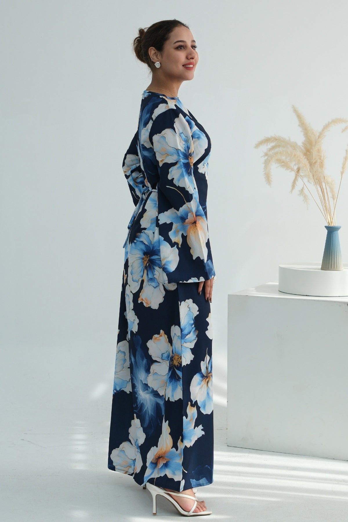 Large Floral Print Bell Sleeve Maxi Dress-DarkBlue