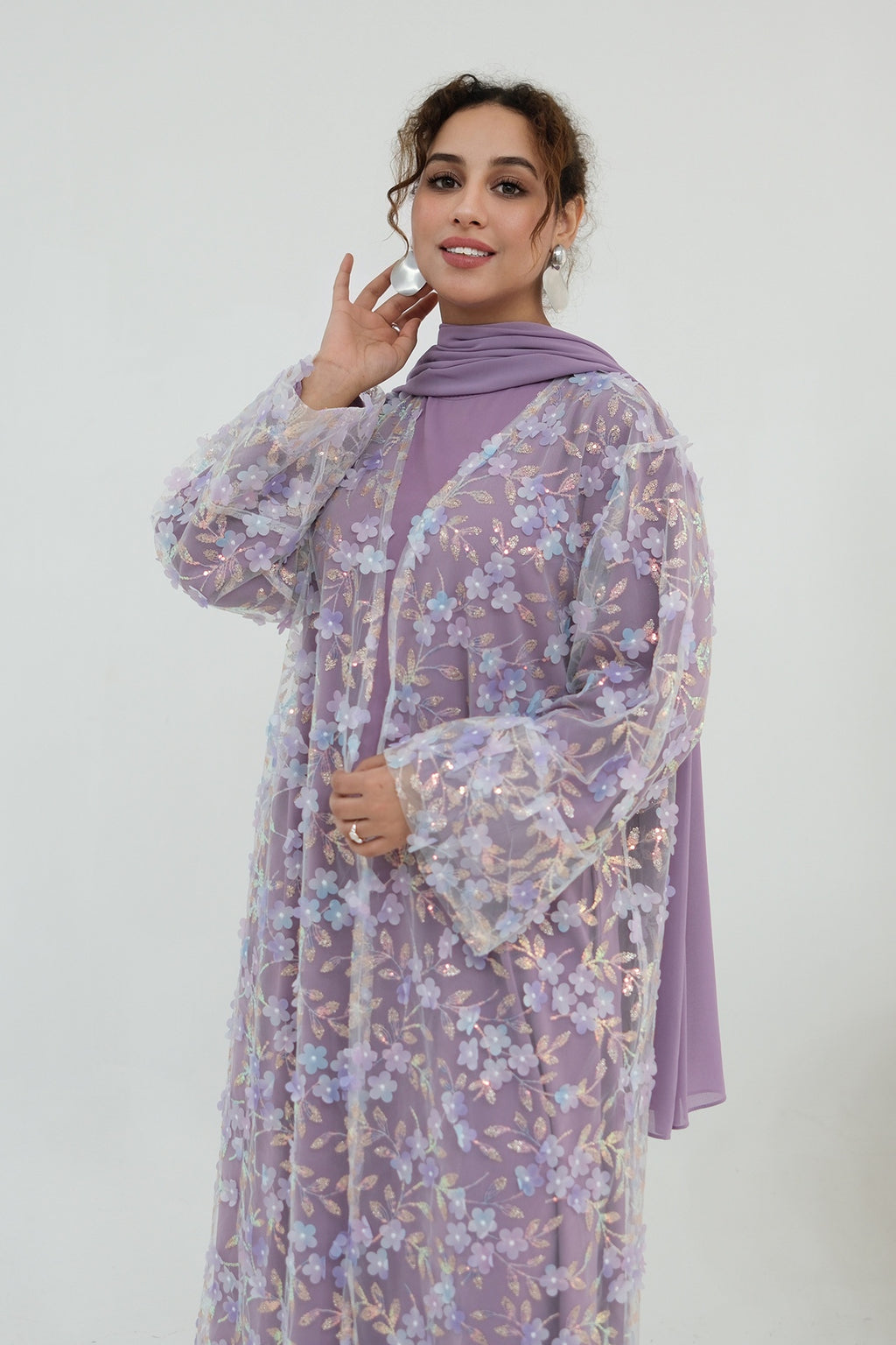 Hand-Beaded Floral Open Abaya Three-Piece Set with Matching Inner Dress & Hijab-Purple