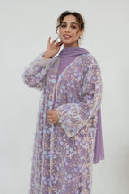 Hand-Beaded Floral Open Abaya Three-Piece Set with Matching Inner Dress & Hijab-Purple