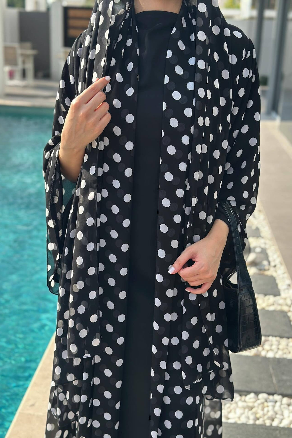 Polka Dot Print Abaya & Matching Headscarf Set-Black