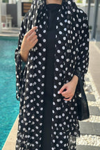 Polka Dot Print Abaya & Matching Headscarf Set-Black
