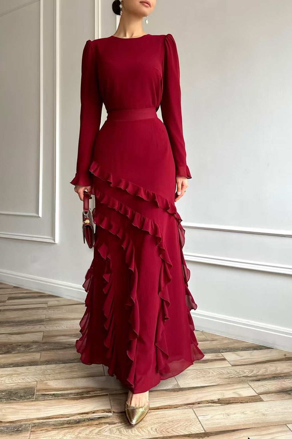 Vintage-Inspired Deep Ruby Dress with Dramatic Fluid Ruffles-Red