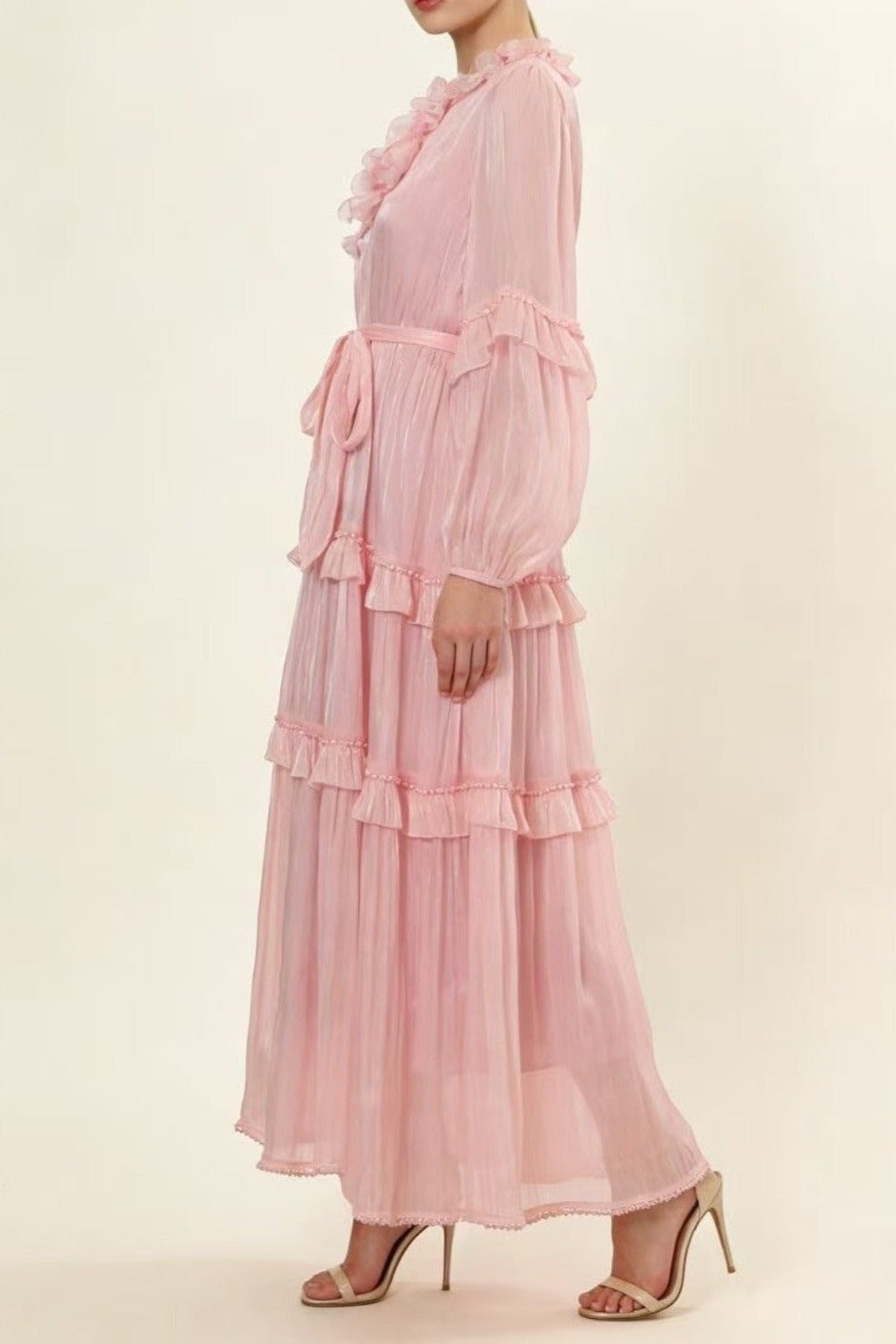 Pearl-Embellished Layered Ruffle Maxi Dress with Mandarin Lace Collar