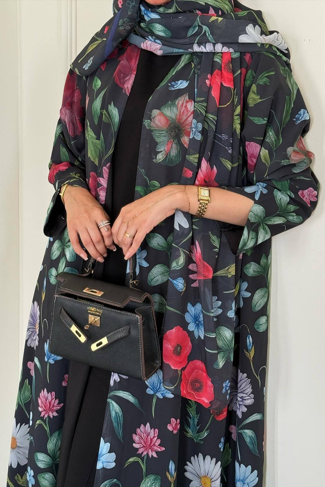 Elegant Floral Print Open Abaya & Matching Hijab Set