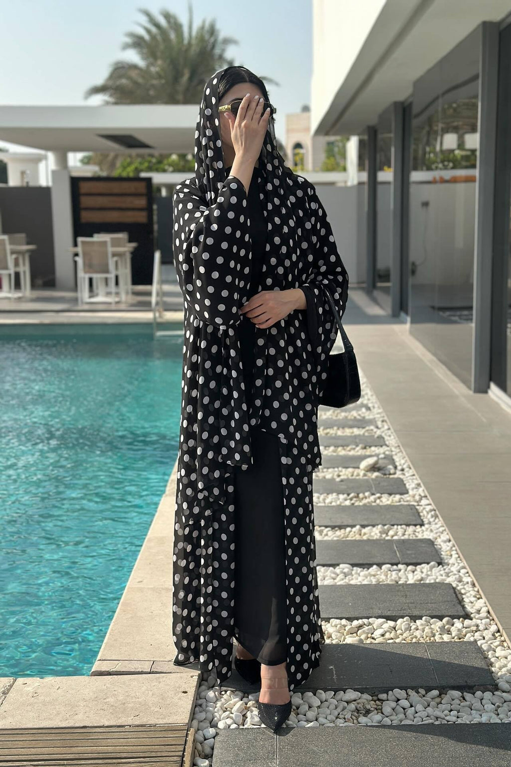 Polka Dot Print Abaya & Matching Headscarf Set-Black