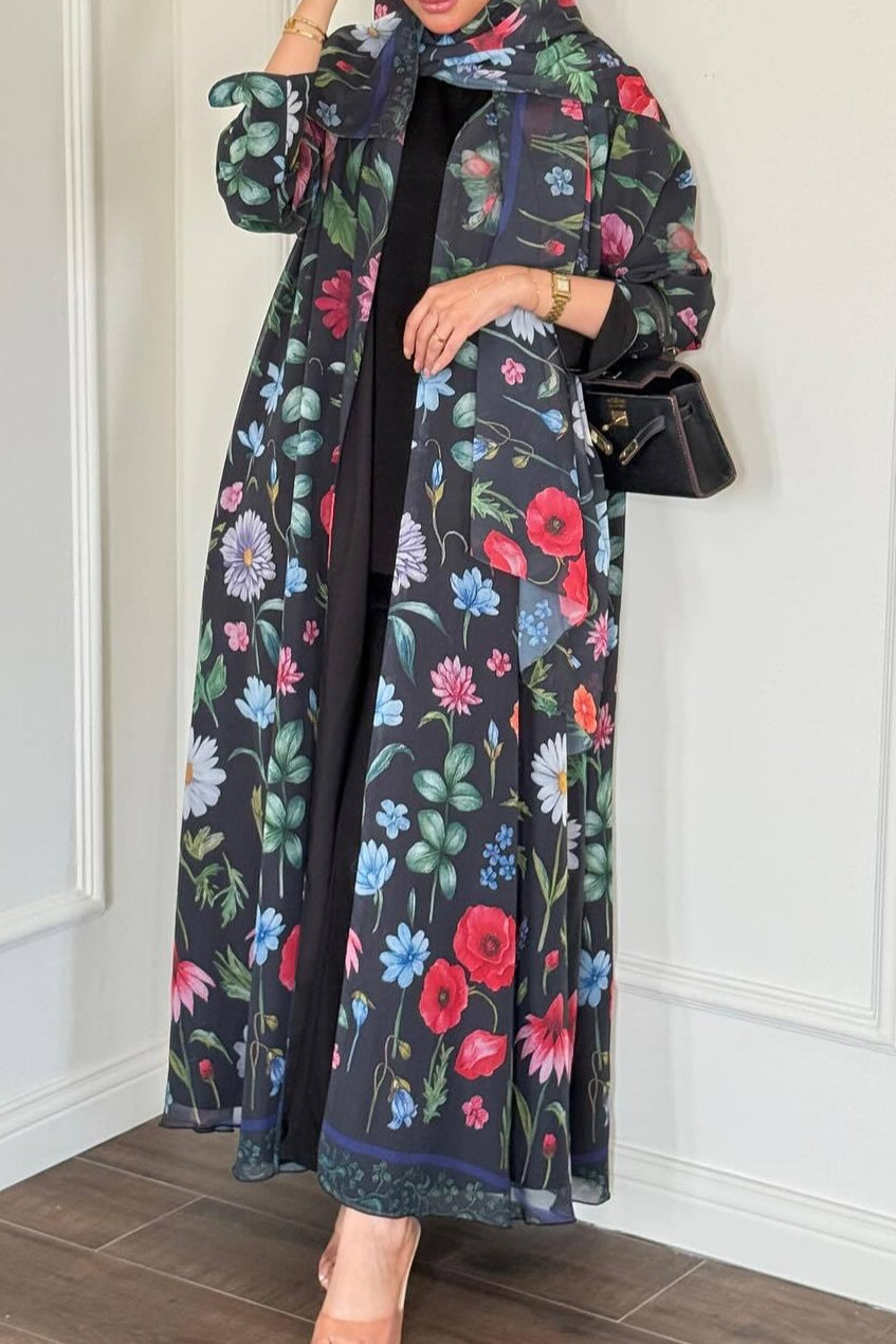Elegant Floral Print Open Abaya & Matching Hijab Set