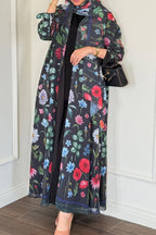 Elegant Floral Print Open Abaya & Matching Hijab Set