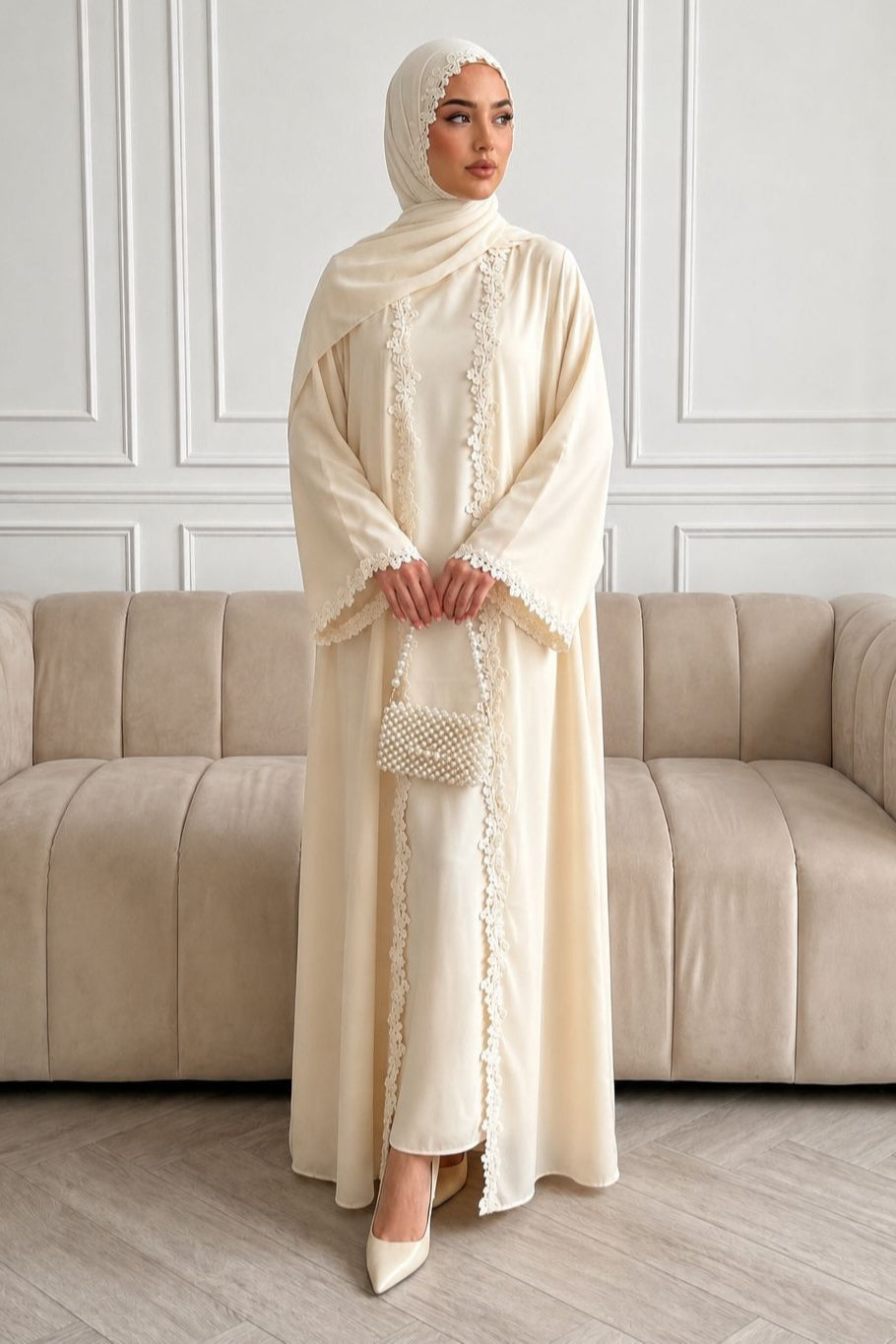 Embroidered Lace Texture Open-Front Duster Abaya