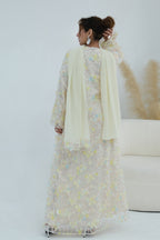 Hand-Beaded Floral Open Abaya Three-Piece Set with Matching Inner Dress & Hijab-Apricot