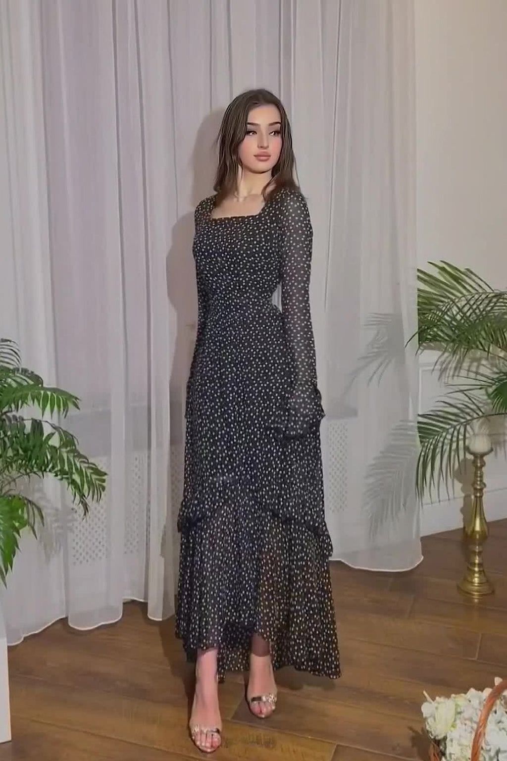 Polka Dot Chiffon Irregular Hem Maxi Dress with Ruffle Sleeves