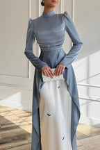 High-End Deconstructed Satin Gown with Embroidered Inner Layer-Blue