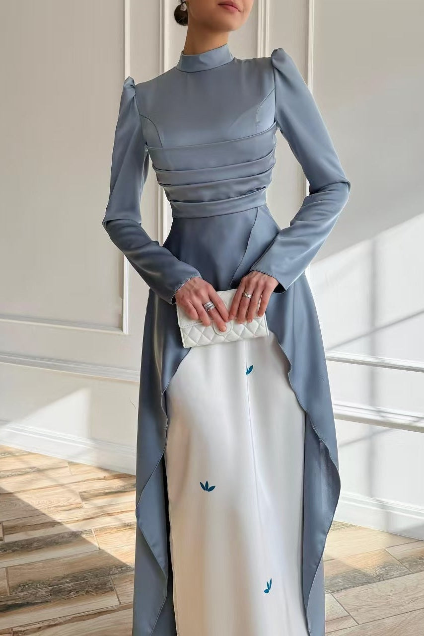High-End Deconstructed Satin Gown with Embroidered Inner Layer-Blue