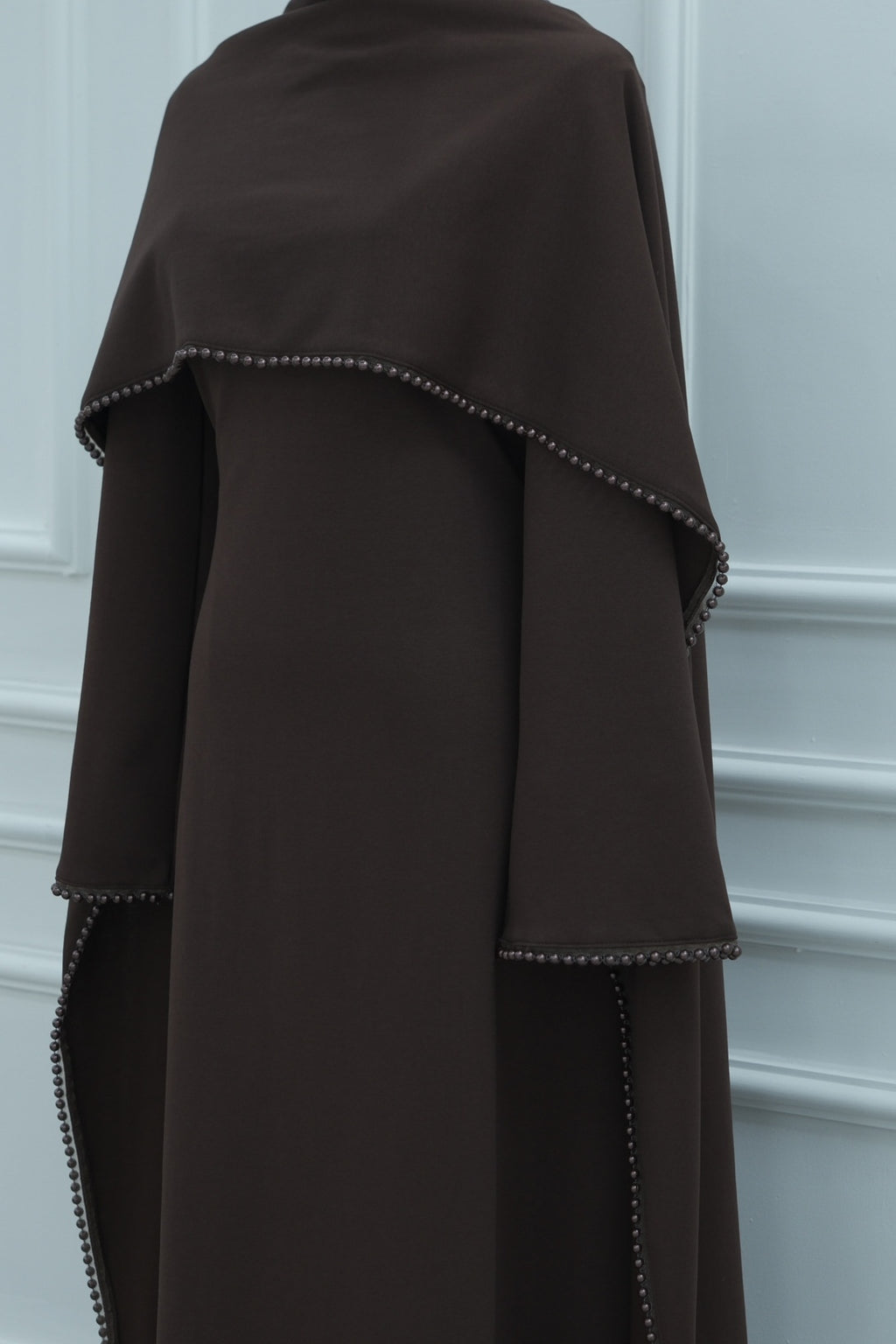 Pearl-Trimmed Cape Modest Evening Gown-Coffee