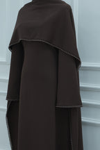 Pearl-Trimmed Cape Modest Evening Gown-Coffee