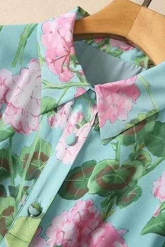 Botanical Green Floral Print Single-Breasted Modest Maxi Dress