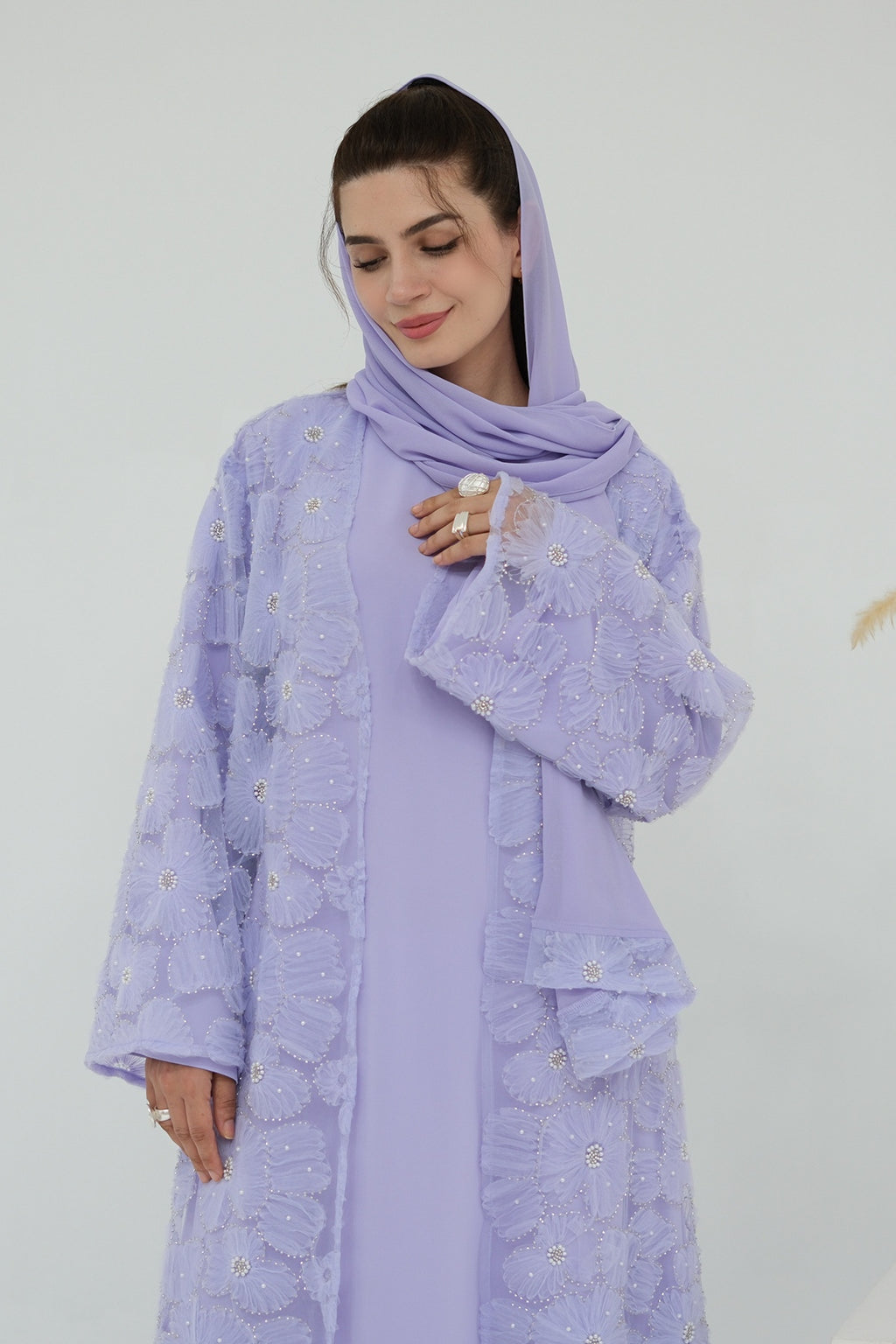 Hand-Beaded Floral Mesh Abaya Two-Piece Set-Purple