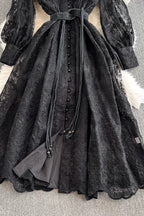 Elena Lace Embroidered Buttoned Maxi Dress-Black