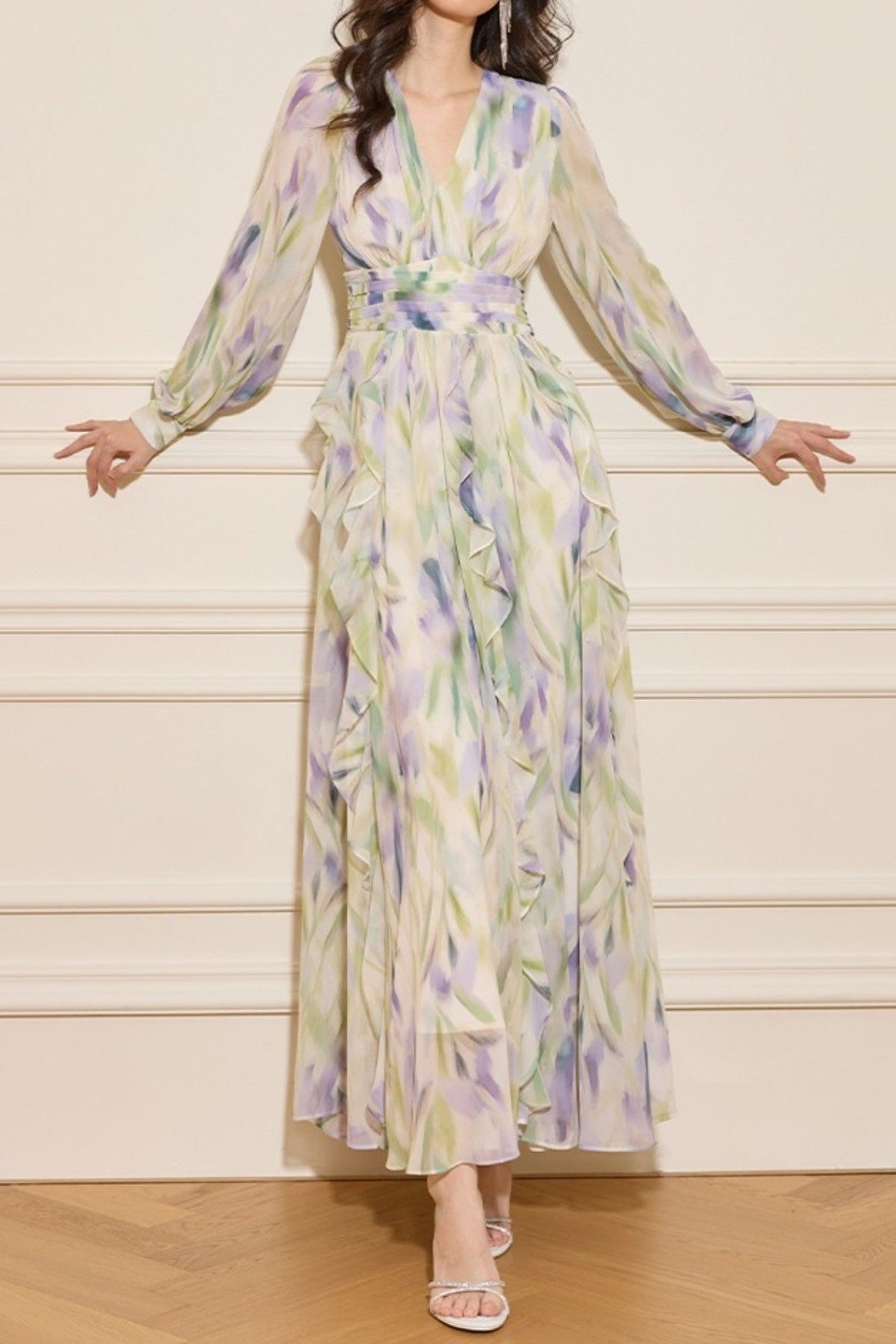 Enchanted Butterfly & Floral Cinched-Waist Full-Sweep Maxi Dress