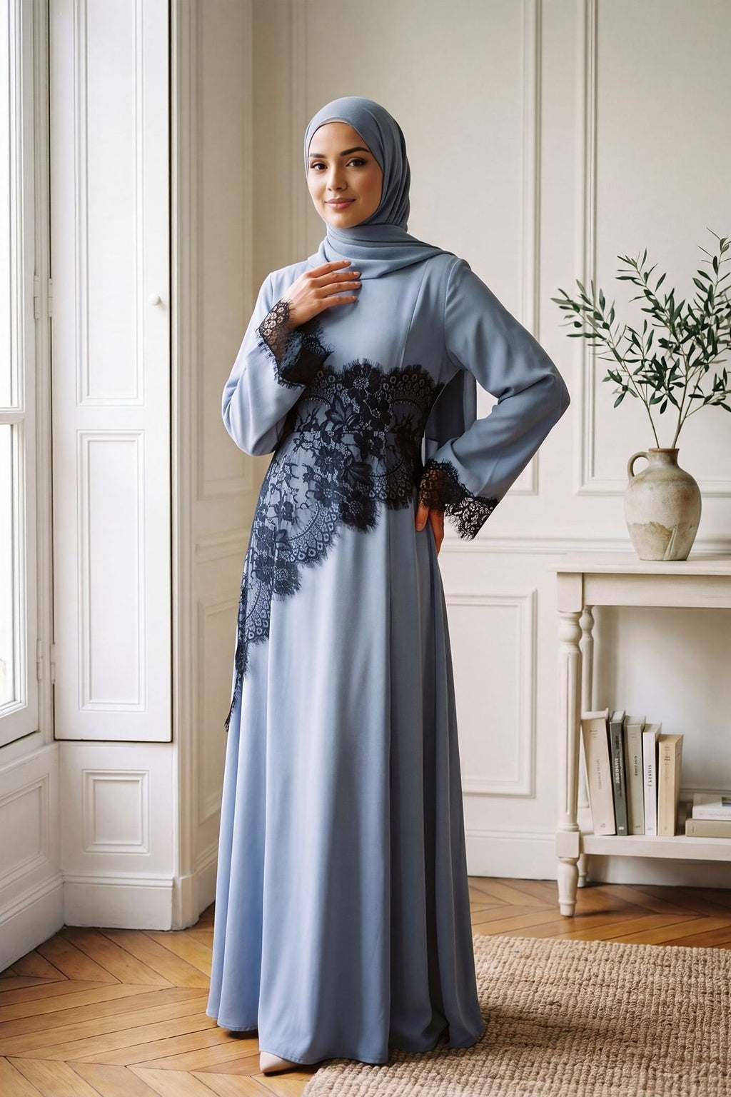 Asymmetric Lace-Trimmed Maxi Dress-Blue