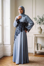 Asymmetric Lace-Trimmed Maxi Dress-Blue