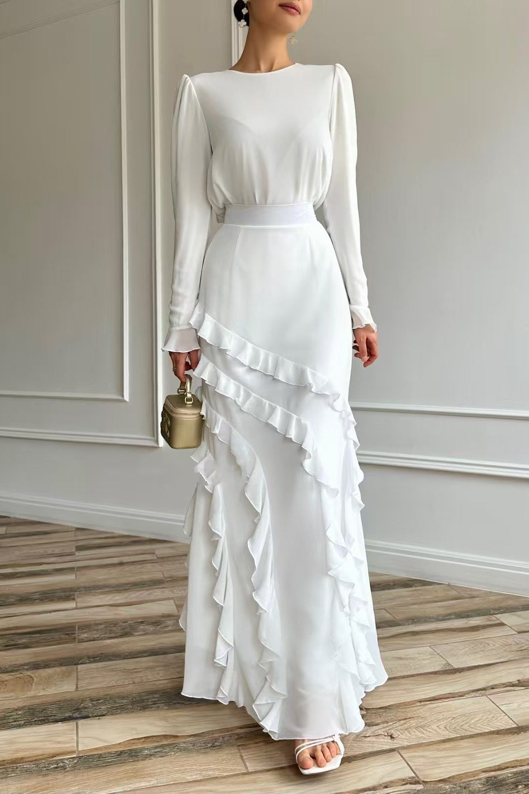 Vintage-Inspired Deep Ruby Dress with Dramatic Fluid Ruffles-White