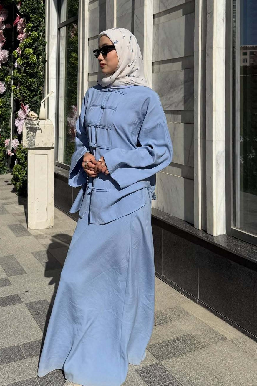 Mandarin Collar Knot-Button Modest Two-Piece Co-Ord Set-Blue